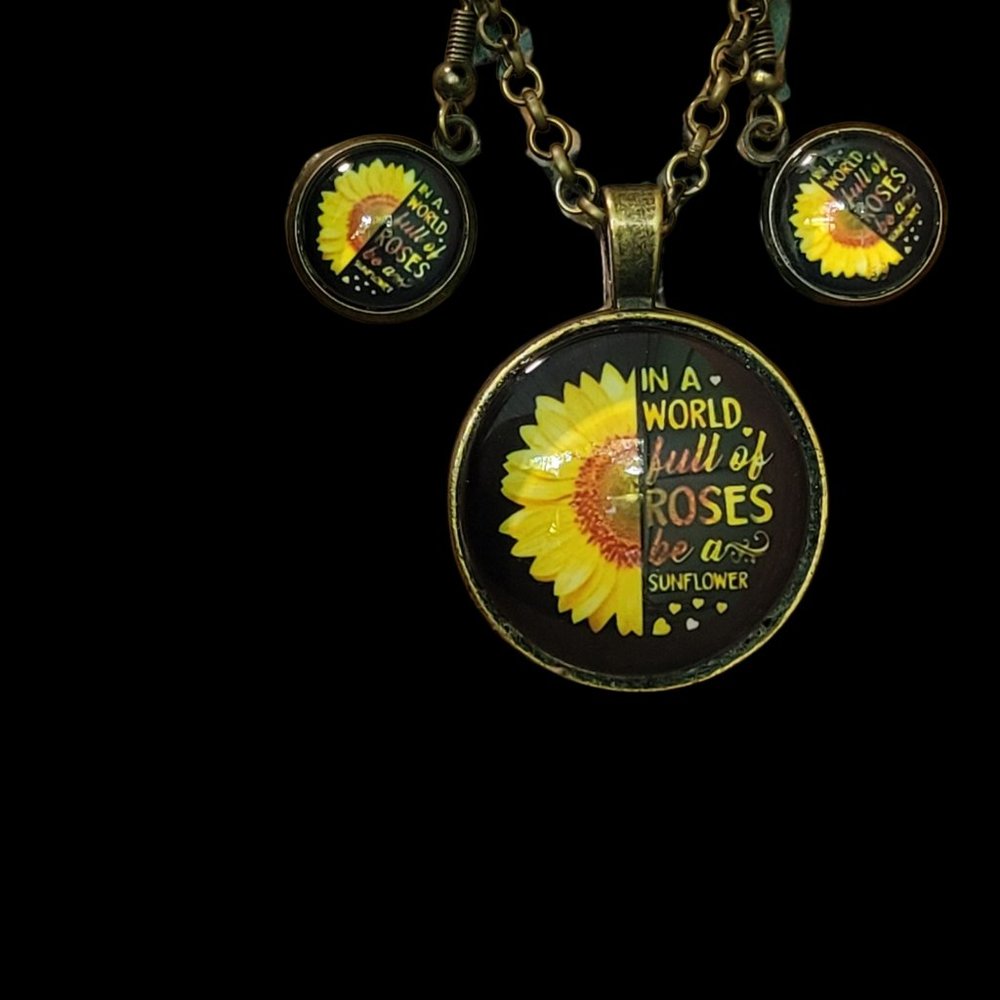 Sunflower Pendant & Earring Set "In a World Full of Roses be a Sunflower"-NWT
